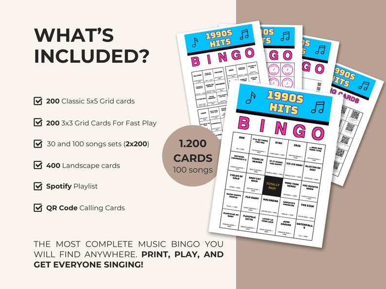 Pu&ograve; includere: Un set di cartelle Bingo "Successi anni '90" con un design blu e rosa. L'immagine include diverse cartelle bingo, un elenco degli elementi inclusi e il testo "1.200 CARTE 100 canzoni". Le cartelle bingo hanno un layout a griglia con titoli di canzoni.