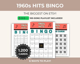 1960s Music Bingo Printable, 1,200 Cards, 100 Songs, 5x5 and 3x3 Game, QR Calling Cards, Spotify Playlist, Instant Download Printable PDF
