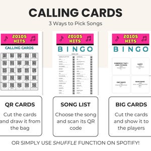 Puede incluir: Un juego de bingo 2010s Hits que consta de tres hojas imprimibles con encabezados rosas. Las hojas incluyen una cuadr&iacute;cula de c&oacute;digos QR, una lista de canciones con c&oacute;digos QR y tarjetas grandes con t&iacute;tulos y nombres de artistas.