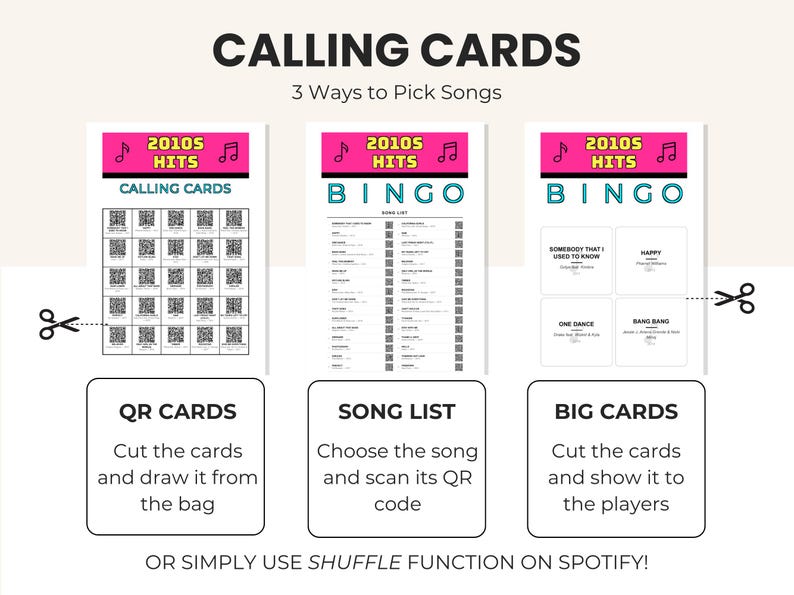 Puede incluir: Un juego de bingo 2010s Hits que consta de tres hojas imprimibles con encabezados rosas. Las hojas incluyen una cuadr&iacute;cula de c&oacute;digos QR, una lista de canciones con c&oacute;digos QR y tarjetas grandes con t&iacute;tulos y nombres de artistas.