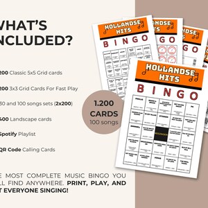 May include: A Hollandse Hits Bingo game set featuring multiple white cards with orange headers, black text, and musical note icons. The set includes 200 classic 5x5 grid cards, 200 3x3 grid cards, 400 landscape cards, 1,200 total cards, 100 songs, and QR codes.