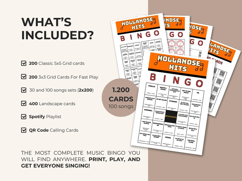 May include: A Hollandse Hits Bingo game set featuring multiple white cards with orange headers, black text, and musical note icons. The set includes 200 classic 5x5 grid cards, 200 3x3 grid cards, 400 landscape cards, 1,200 total cards, 100 songs, and QR codes.