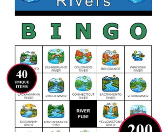 Flüsse der USA Bingo Spiel - 200 Karten zum Ausdrucken mit 40 Geographie Momenten | US-Lernen für Klasse, Homeschool, Familienspaß & Kartenlernen