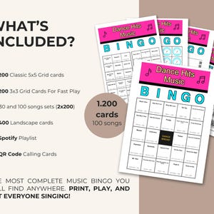 May include: A music bingo game set with multiple bingo cards featuring the text "Dance Hits Music BINGO". The set includes 1,200 cards, 100 songs, 200 classic 5x5 grid cards, 200 3x3 grid cards, and a Spotify playlist.