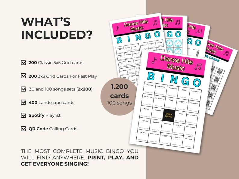 May include: A music bingo game set with multiple bingo cards featuring the text "Dance Hits Music BINGO". The set includes 1,200 cards, 100 songs, 200 classic 5x5 grid cards, 200 3x3 grid cards, and a Spotify playlist.