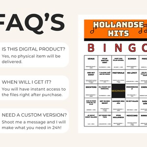 May include: A digital bingo game card titled Hollandse Hits Bingo with an orange header and musical notes. The grid contains song titles and artist names in black text on a white background, including a central black square labeled Meezinger.