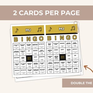 May include: Two printable bingo cards on a single page, featuring a gold header with musical notes and the letters MJ. Each grid contains song titles and the text MOON WALK in a central black square. The layout includes the text 2 CARDS PER PAGE.
