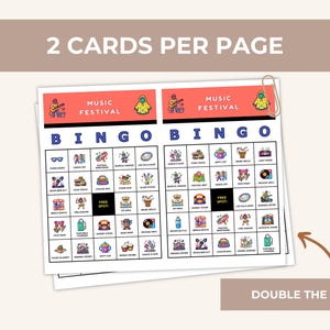 Peut inclure: Deux cartes de Bingo du Festival de Musique sont pr&eacute;sent&eacute;es, maintenues ensemble par un trombone argent&eacute;. Chaque carte a un en-t&ecirc;te rouge avec les mots "MUSIC FESTIVAL" et des illustrations color&eacute;es. Les cartes sont &eacute;tiquet&eacute;es "BINGO" et incluent le texte "FREE SPOT!" et "DOUBLE THE FUN!"