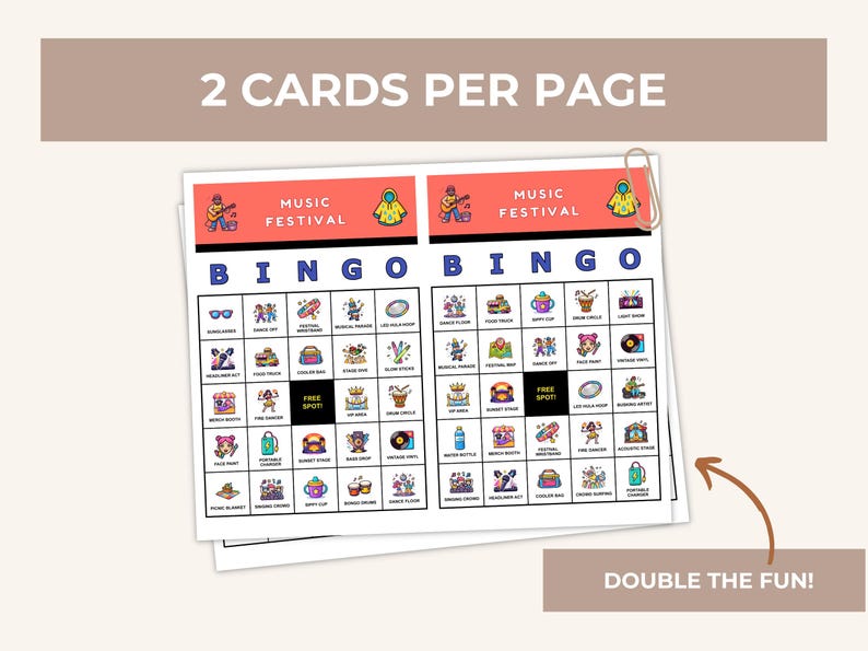Peut inclure: Deux cartes de Bingo du Festival de Musique sont pr&eacute;sent&eacute;es, maintenues ensemble par un trombone argent&eacute;. Chaque carte a un en-t&ecirc;te rouge avec les mots "MUSIC FESTIVAL" et des illustrations color&eacute;es. Les cartes sont &eacute;tiquet&eacute;es "BINGO" et incluent le texte "FREE SPOT!" et "DOUBLE THE FUN!"