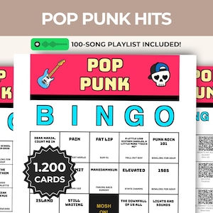 May include: A Pop Punk Bingo game card featuring a pink header with a blue electric guitar and a skull wearing a blue baseball cap. The grid contains song titles and artist names, with a black starburst graphic stating 1.200 CARDS.