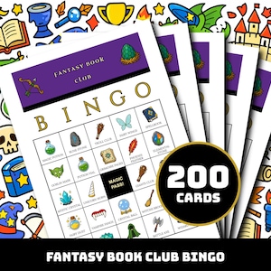 Puede incluir: Un conjunto de tarjetas de bingo Fantasy Book Club con un encabezado morado, un icono de arco y flecha y el texto Fantasy Book Club. La cuadrícula contiene varias ilustraciones de temática fantástica como pociones mágicas.