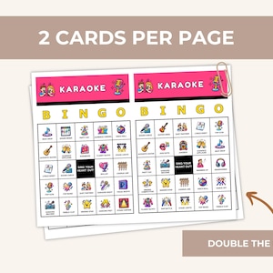 Może przedstawiać: Dwie karty do bingo karaoke z r&oacute;żowym nagł&oacute;wkiem z napisem "KARAOKE". Każda karta ma siatkę ilustrowanych obraz&oacute;w o tematyce karaoke. Tekst "SING YOUR HEART OUT!" znajduje się na środku karty. Spinacz do papieru trzyma karty razem.