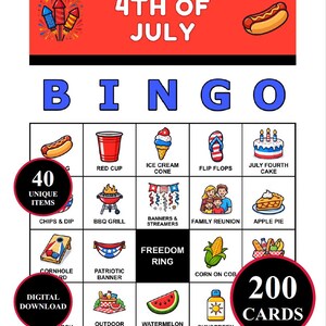 Może przedstawiać: Cyfrowe pobranie gry w Bingo na 4 lipca. Czerwono-biała plansza do gry zawiera ilustracje letnich i patriotycznych przedmiotów, w tym hot doga, rożka lodowego i kawałka arbuza. Gra zawiera 40 unikalnych przedmiotów i 200 kart.