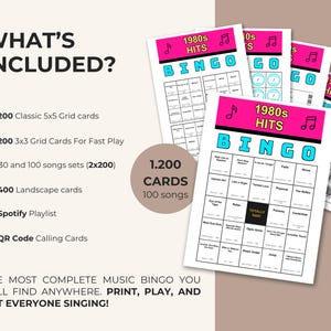 May include: A collection of 1980s Hits Bingo cards with a pink and blue design. The cards include a Spotify playlist and QR code calling cards. The image also shows a list of included items, such as 200 classic 5x5 grid cards.