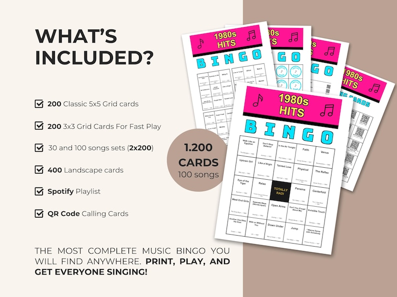 May include: A collection of 1980s Hits Bingo cards with a pink and blue design. The cards include a Spotify playlist and QR code calling cards. The image also shows a list of included items, such as 200 classic 5x5 grid cards.