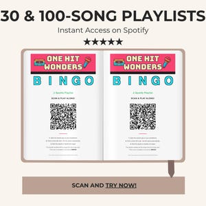 Puede incluir: Un libro abierto con el texto "30 & 100-SONG PLAYLISTS" y "Instant Access on Spotify". Las p&aacute;ginas del libro muestran "ONE HIT WONDERS BINGO" con c&oacute;digos QR e instrucciones. Una pancarta en la parte inferior dice "SCAN AND TRY NOW!"