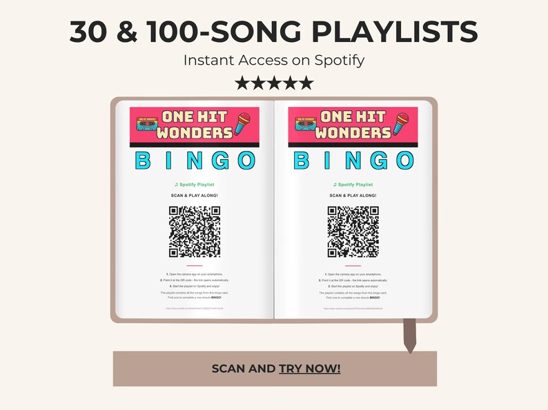 Puede incluir: Un libro abierto con el texto "30 & 100-SONG PLAYLISTS" y "Instant Access on Spotify". Las p&aacute;ginas del libro muestran "ONE HIT WONDERS BINGO" con c&oacute;digos QR e instrucciones. Una pancarta en la parte inferior dice "SCAN AND TRY NOW!"