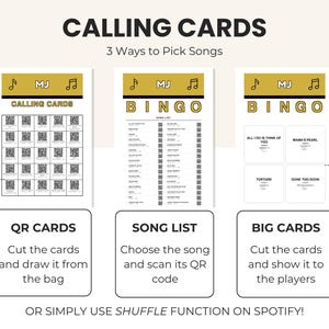 May include: A set of printable game materials titled CALLING CARDS 3 Ways to Pick Songs, featuring a grid of QR codes, a song list, and large cards with song titles. The design uses black, white, and gold accents with musical note icons.