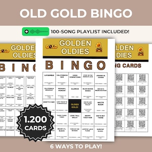 May include: Old Gold Bingo game set featuring three white bingo cards with gold headers labeled Golden Oldies. The cards contain song titles, artist names, and years. A black starburst graphic displays 1.200 CARDS, and a green icon indicates a 100-SONG PLAYLIST INCLUDED. Text at the bottom reads 6 WAYS TO PLAY!