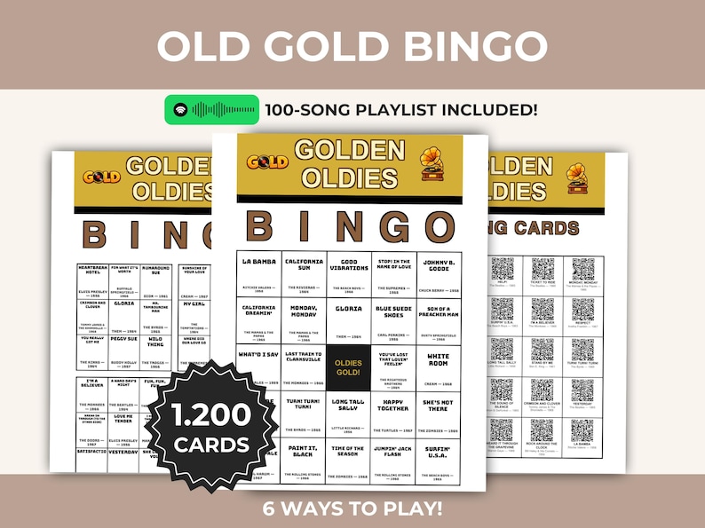 May include: Old Gold Bingo game set featuring three white bingo cards with gold headers labeled Golden Oldies. The cards contain song titles, artist names, and years. A black starburst graphic displays 1.200 CARDS, and a green icon indicates a 100-SONG PLAYLIST INCLUDED. Text at the bottom reads 6 WAYS TO PLAY!