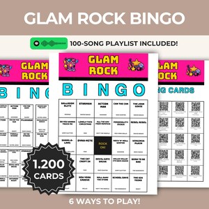Könnte beinhalten: Glam Rock Bingo Spielset mit einer 100-Song-Playlist, 1.200 Karten und 6 Spielvarianten. Die Karten haben eine pinkfarbene Kopfzeile mit dem Text GLAM ROCK, ein weißes Raster mit Songtiteln und ein schwarzes Mittelfeld mit der Aufschrift ROCK ON!.