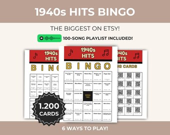 1940s Music Bingo Printable, 1,200 Cards, 100 Songs, 5x5 and 3x3 Game, QR Calling Cards, Spotify Playlist, Instant Download Printable PDF