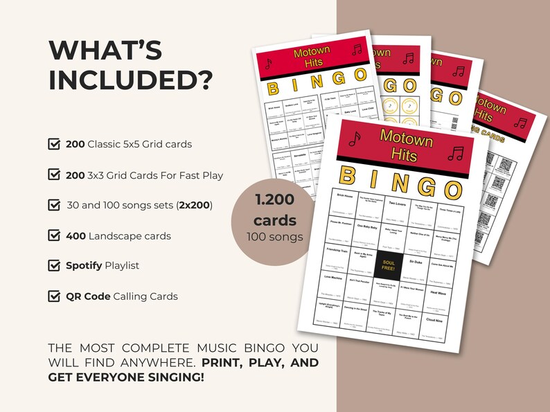 May include: Motown Hits Bingo game set with 1,200 cards and 100 songs. Includes 200 classic 5x5 grid cards, 200 3x3 grid cards, 30 and 100 song sets, 400 landscape cards, a Spotify playlist, and QR code calling cards.