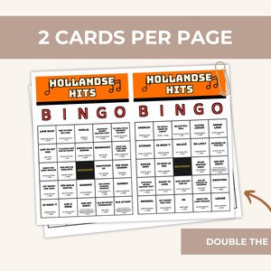 May include: Two bingo cards on a single page titled Hollandse Hits with orange headers and musical note icons. Each card features a five-by-five grid with song titles and artist names in black text, including a central free space labeled Meezingen.