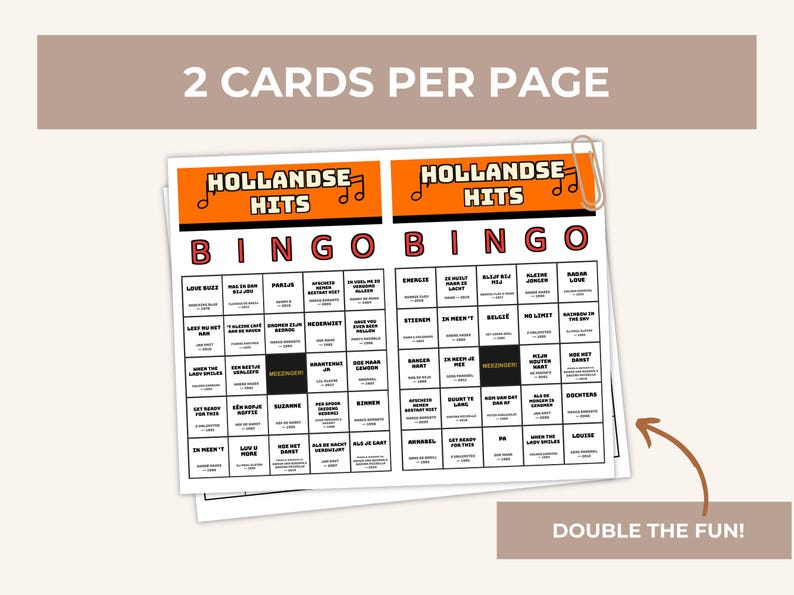 May include: Two bingo cards on a single page titled Hollandse Hits with orange headers and musical note icons. Each card features a five-by-five grid with song titles and artist names in black text, including a central free space labeled Meezingen.