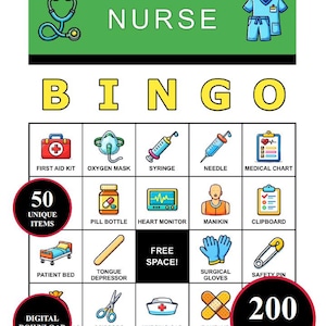 Puede incluir: Una colorida tarjeta de juego "Nurse Bingo" con ilustraciones de equipos médicos. La tarjeta incluye el texto "Nurse Bingo", "50 Unique Items", "Digital Download" y "200 Cards".