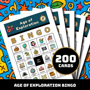 Könnte beinhalten: Ein Stapel "Age of Exploration" Bingo-Karten mit Piraten-Thema. Jede Karte zeigt nautische Illustrationen und den Text "Age of Exploration Bingo". Ein kreisförmiges Grafikfeld zeigt "200 Karten". Der Hintergrund ist ein farbenfrohes, abstraktes Design.