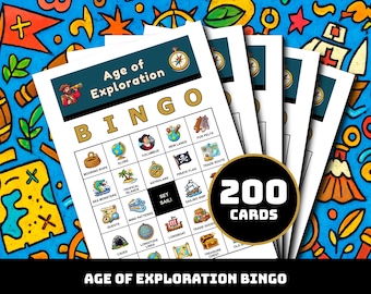 Age of Exploration Bingo Spiel - 200 Karten zum Ausdrucken mit 40 Entdeckungsmomenten | Lernen für Klassenzimmer, Hausschule, Familienspaß & Weltstudie