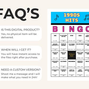Pu&ograve; includere: Una cartella di bingo bianca con un titolo "BINGO" rosa e uno striscione blu che dice "1990s Hits". La cartella di bingo presenta una griglia di quadrati con titoli di canzoni degli anni '90. L'immagine include anche le FAQ sul prodotto.