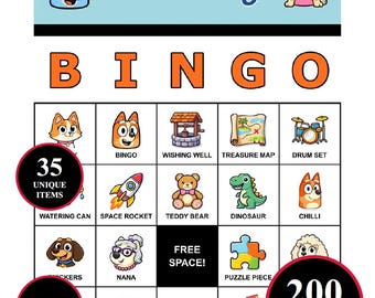 Jeu de bingo inspiré du Blue Dog – 200 cartes imprimables avec 35 moments emblématiques | Jeu de société pour les jeux de société Heeler House et les marathons télévisés pour enfants