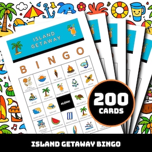 Gra bingo Island Getaway 200 kart, aktywność wakacyjna, ucieczka w tropikalną podróż, drukowane karty podróżne na imprezę dla dzieci i rodzin