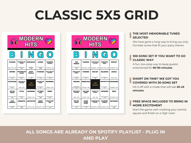 May include: Two Modern Hits Bingo cards with a 5x5 grid, featuring song titles, a central Top Track square, headphones, and heart icons. Text includes: THE MOST MEMORABLE TUNES SELECTED, 100-SONG SET, SHORT ON TIME? WE GOT YOU COVERED, and ALL SONGS ARE ALREADY ON SPOTIFY PLAYLIST.
