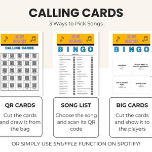 Puede incluir: Un juego imprimible con tres opciones: tarjetas QR, una lista de canciones y tarjetas grandes. Las tarjetas tienen el texto "Calling Cards" y "Kids Songs" con notas musicales. Las tarjetas QR tienen m&uacute;ltiples c&oacute;digos QR. La lista de canciones es una tarjeta de bingo.