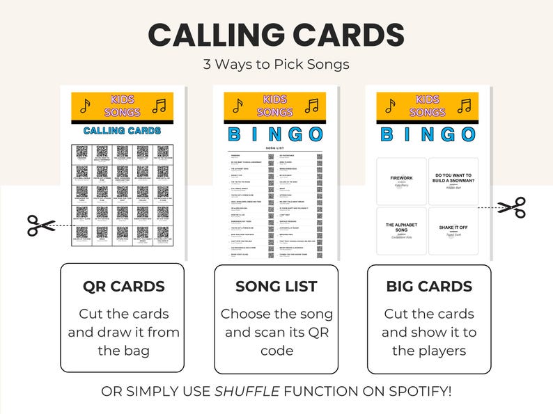 Puede incluir: Un juego imprimible con tres opciones: tarjetas QR, una lista de canciones y tarjetas grandes. Las tarjetas tienen el texto "Calling Cards" y "Kids Songs" con notas musicales. Las tarjetas QR tienen m&uacute;ltiples c&oacute;digos QR. La lista de canciones es una tarjeta de bingo.