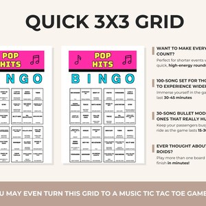 Puede incluir: Dos tarjetas de juego de bingo blancas con un encabezado rosa etiquetado como POP HITS y texto BINGO en azul. Cada tarjeta presenta una cuadr&iacute;cula de 3x3 con t&iacute;tulos de canciones y nombres de artistas. El texto a la derecha detalla modos de juego.