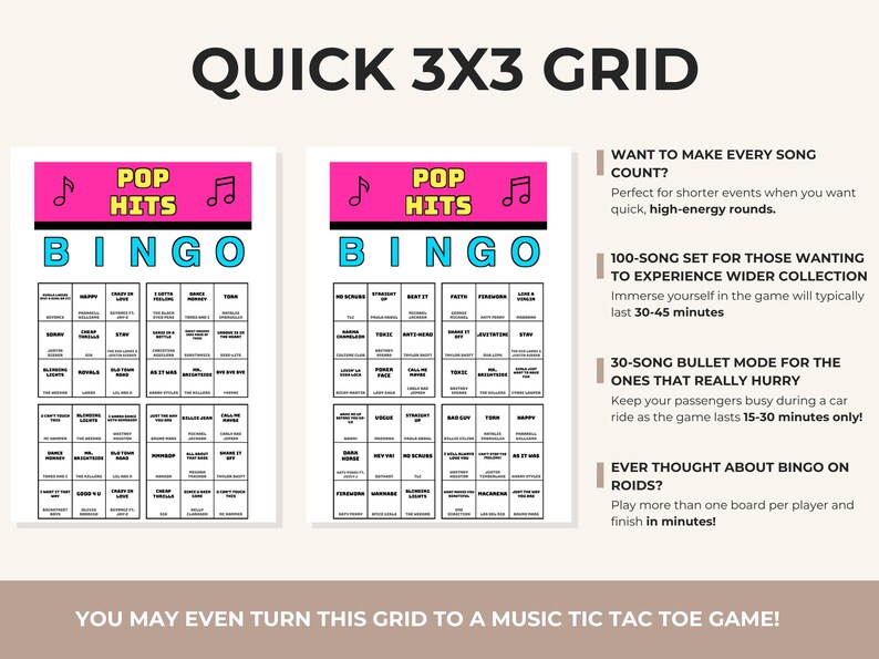 Puede incluir: Dos tarjetas de juego de bingo blancas con un encabezado rosa etiquetado como POP HITS y texto BINGO en azul. Cada tarjeta presenta una cuadr&iacute;cula de 3x3 con t&iacute;tulos de canciones y nombres de artistas. El texto a la derecha detalla modos de juego.