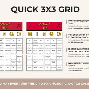 May include: A Motown Hits Bingo game with two game boards. The top of the boards read "Motown Hits Bingo" in red and yellow. The text "Quick 3x3 Grid" is at the top. The game includes options for shorter or longer play.
