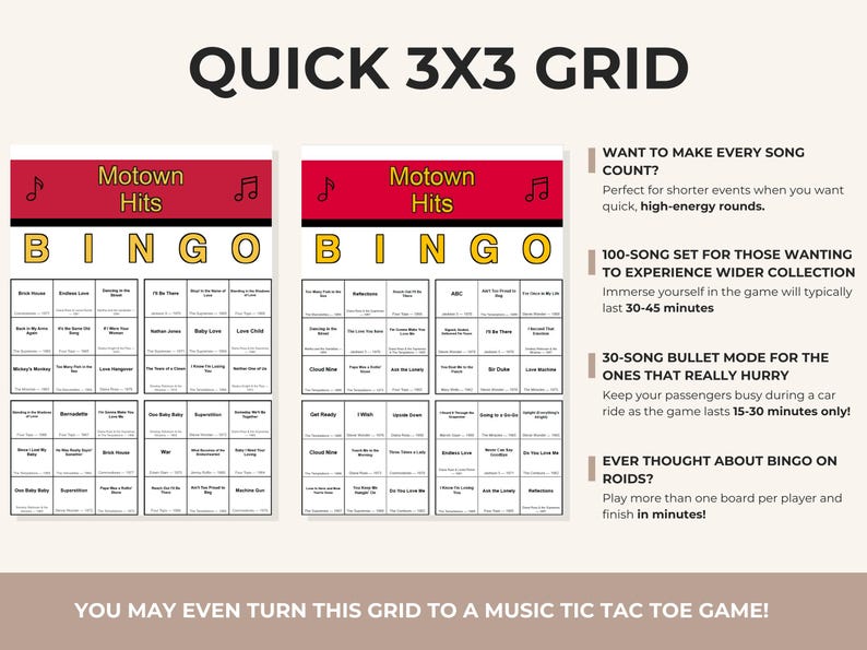 May include: A Motown Hits Bingo game with two game boards. The top of the boards read "Motown Hits Bingo" in red and yellow. The text "Quick 3x3 Grid" is at the top. The game includes options for shorter or longer play.
