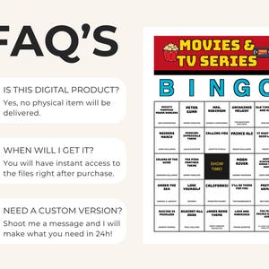 May include: A digital FAQ graphic featuring text about product delivery and custom requests next to a Movies & TV Series Bingo card. The bingo card has a red header with a popcorn icon, blue BINGO letters, and a grid of song titles and artists.