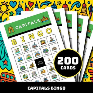 May include: A stack of "Capitals Bingo" cards with a yellow background featuring colorful doodles of landmarks. The cards have a green header and include images of various capital city landmarks. A black circle displays "200 CARDS". The text "CAPITALS BINGO" is at the bottom.
