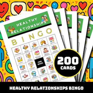健全な関係を築くためのビンゴゲーム – 35の象徴的な特徴を記した印刷可能なカード200枚 | 10代向け関係教育ワークショップ、カップルカウンセリング