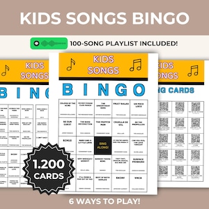 Puede incluir: Un conjunto de tres tarjetas de Bingo de canciones infantiles con una lista de reproducci&oacute;n de 100 canciones. Las tarjetas presentan un dise&ntilde;o colorido con las palabras "Kids Songs Bingo". Incluye 1.200 tarjetas y 6 formas de jugar.