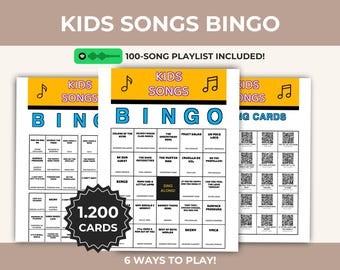 Gioco di bingo musicale per bambini, stampabile, playlist per famiglie, divertente attività di canto collettivo, download immediato, PDF digitale, biglietti da visita con codice QR