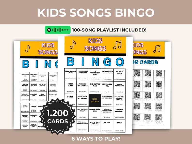 Puede incluir: Un conjunto de tres tarjetas de Bingo de canciones infantiles con una lista de reproducci&oacute;n de 100 canciones. Las tarjetas presentan un dise&ntilde;o colorido con las palabras "Kids Songs Bingo". Incluye 1.200 tarjetas y 6 formas de jugar.