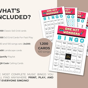 Puede incluir: Un conjunto de tarjetas de Bingo "One Hit Wonders" con un dise&ntilde;o retro. Las tarjetas presentan la palabra "BINGO" en turquesa. El conjunto incluye 1.200 tarjetas y 100 canciones, adem&aacute;s de una lista de reproducci&oacute;n de Spotify y tarjetas de llamada con c&oacute;digo QR.