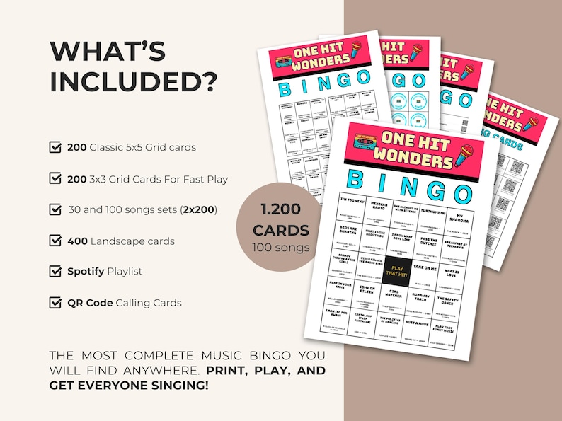 Puede incluir: Un conjunto de tarjetas de Bingo "One Hit Wonders" con un dise&ntilde;o retro. Las tarjetas presentan la palabra "BINGO" en turquesa. El conjunto incluye 1.200 tarjetas y 100 canciones, adem&aacute;s de una lista de reproducci&oacute;n de Spotify y tarjetas de llamada con c&oacute;digo QR.